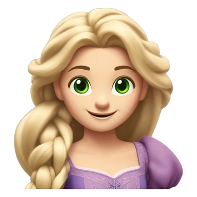 Rapunzel, in Tangled, has very long, shiny blonde hair, large green eyes, and a delicate face with a gentle smile. She wears a purple dress with puffed sleeves and radiates a joyful, curious, and innocent expression sticker