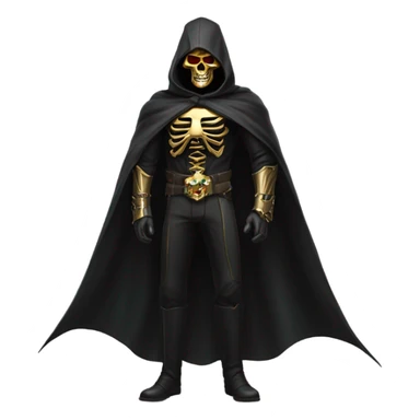Bounty Hunter Boss with black cape and a gold skull jaw mask from death Stranding, full body view sticker
