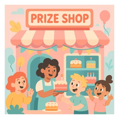 pastel pink cake shop with a 'Prize Shop' sign above the entrance, surrounded by pastel decorations, cakes on display, light and airy pastel illustration style sticker