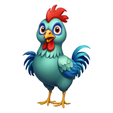 A funny rooster chicken with blue-greenish body, red comb, large eyes and silly expression, skinny legs sticker