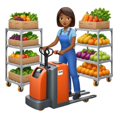 Femme sur un transpalette électrique, portant des canettes de fruits et de légumes sticker