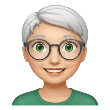 visage femme a lunettes ronde avec cheveux courts gris-blancs aux yeux verts qui souris sticker