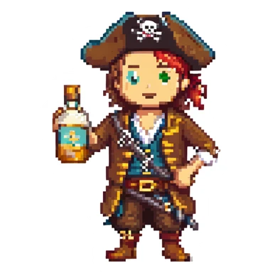 A sticker of a pirate with a bottle of rum sticker