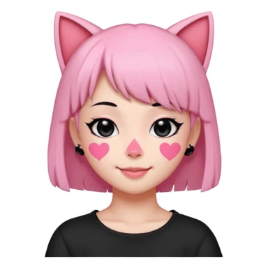 Neko girl pink with black heart eyes black hair side swept bangs with a smile shaveds sticker