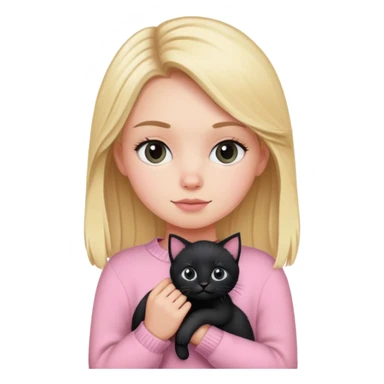 Blonde white girl wearing pink sweater holding black kitten sticker