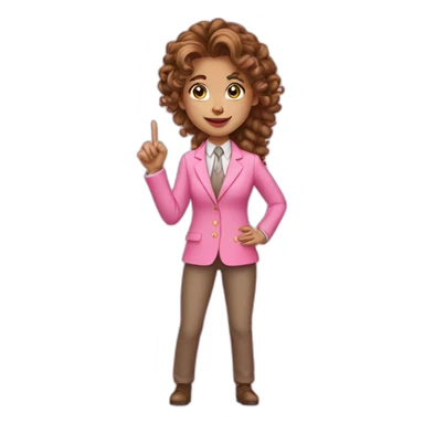 long brown curly pony tail girl wearing pink suit pointing sticker