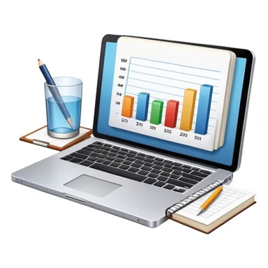 Icon for Business Reading: a prominent book at the forefront, laptop and notepad around it, along with a bar graph. The icon should represent the knowledge and strategy of business literature. Transparent background. sticker