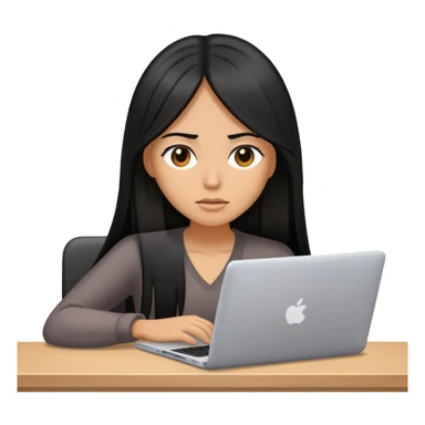 an woman with a long black straight hair who is working with her laptop with her tired face sticker