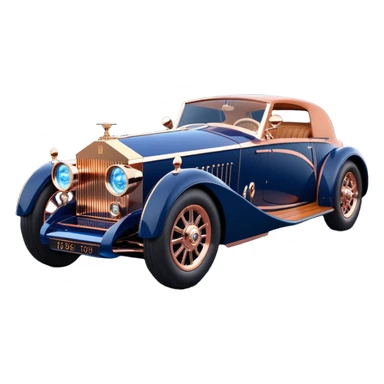 dark blue led lights on a streamlined channeled hot rodded delicately inlaid rose gold and wood accentuated sporty 1889 Rolls Royce with futuristic electric spaceship plasma neon glowing motors and lightening dynamos with wide racing wheels that are held strong by advanced suspension and steering sticker
