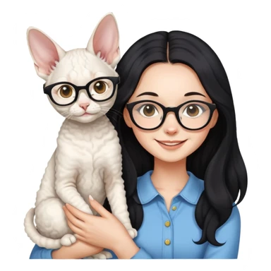 A girl with long black hair and glasses is smiling and holding a white Devon Rex sticker