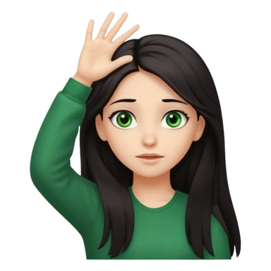 Animated girl dark long hair green eyes emoji holding right side of the head with her hand with duh facial expression , hand on top of her head sticker