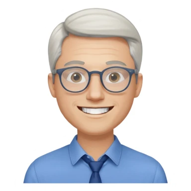 30 yr old pale white man, white/grey side swept stylish hair, round glasses, big smile, white teeth, handsome, longer hair, thin glasses, blue dress shirt sticker