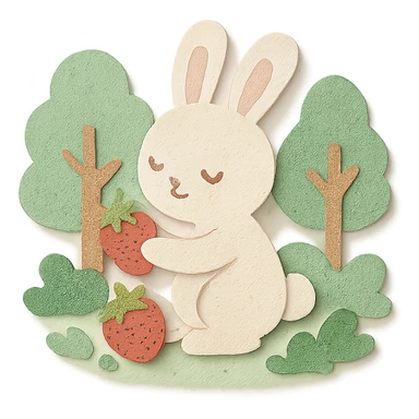 bunny picking strawberries in the woods, sweet pastel red, soft pastel color sticker