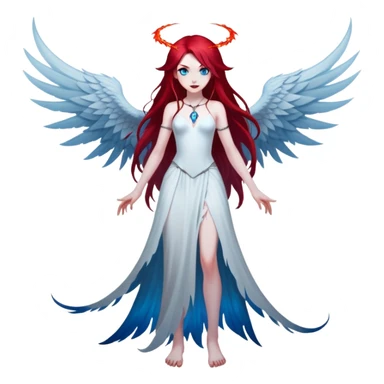 full body portrait of an extremely diabolical girl with pale white skin, massive towering wings, very long flowing blood red hair, glowing blue eyes, black hellfire aura, completely plain head with no accessories or features except hair, evil grin, no necklace sticker