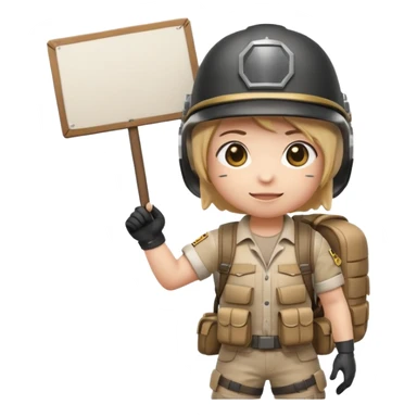Create a cute emoji-style PUBG Mobile character, chibi version with helmet and backpack, standing in victory pose, holding a blank white sign or paper sheet in both hands in front of chest, ready for text, clean white background, simple emoji design” sticker