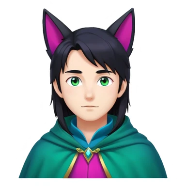anime man with long-straight-dark-black hair, long black fox ears with pink Scapha, colorful-gradient-brown-turquoise eyes, gold earring, dark-blue-sweater, green cape, white pupils sticker
