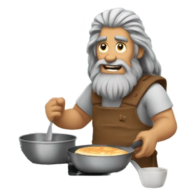  Caveman with long gray hair and a gray goatee cooking pancakes  sticker