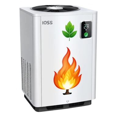 hybrid heat pump, simple, no text, with small flame and leaf symbol sticker