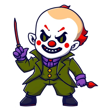 evil clown warrior, bald, small black horns on forehead, fangs, pointed ears, eye patch over one eye, long coat over black and military green leisure suit with bellbottom pants, tail, holding a whip, no knife, realistically proportioned, less bulky, full body visible, battle-ready fighting posture sticker