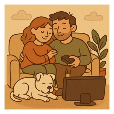 cartoon style, boyfriend and girlfriend cuddling while watching TV, white pitbull at their feet, soft lighting, homey vibe sticker