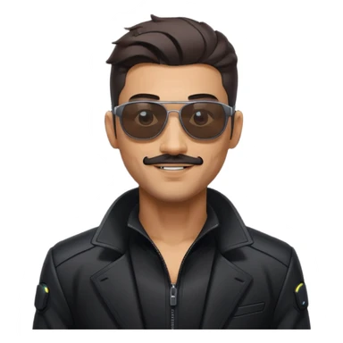 generate an emoji of a tall guy with a slight muostache, black cyberpunk suit and sunglasses. make him EXTREMLY happy sticker