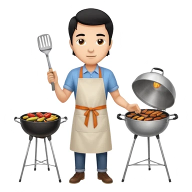 man cooking barbecue full-body black hair light brown skin sticker