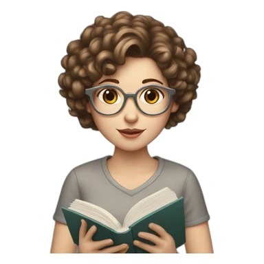 white girl with round silver glasses and really short brown curly hair reading a book sticker