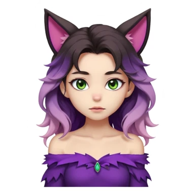 1 girl, long beautiful wavy black-brown-beige-gradients hair, vibrant and soft color palette, pointy furry ears, violet clothing, green eyes, slit pupils, young, skinny, japanese themed, pastel, dark, gloomy, edgy, shy expression, blush, (off shoulder) sticker