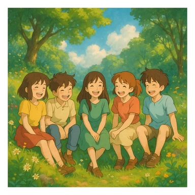 Three girls and two boys sitting together on a grassy hill, smiling and laughing, in a Ghibli-style scene with lush backgrounds and magical atmosphere. sticker