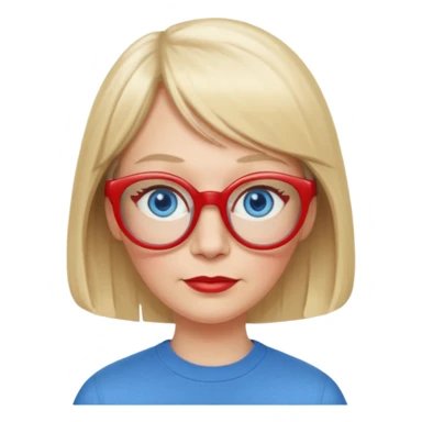 50 yr old white woman, pale skin, long straight blond hair parted in center, blue eyes, bangs, clothes for school, big red glasses, oval face, long face sticker