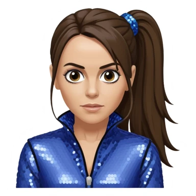 Mel C from Spice Girls with long dark brown ponytail hair, perwinkle sequin outfit, light skin sticker