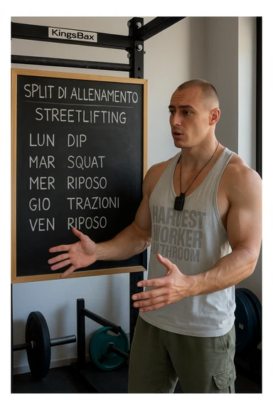 uomo che spiega alla lavagna la "Split di Allenamento" per lo streetlifting. tutto in italiano sticker