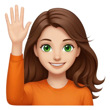 smiling girl with long brown hair, middle hair split, waving, green eyes, orange shirt sticker