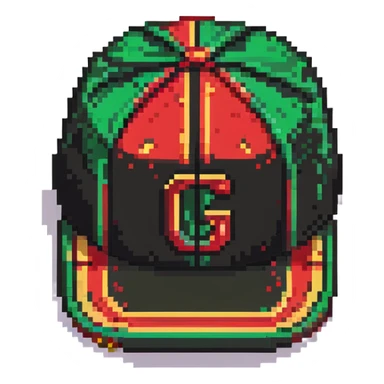 pixel art Gucci cap with green and red stripes and gold accent sticker