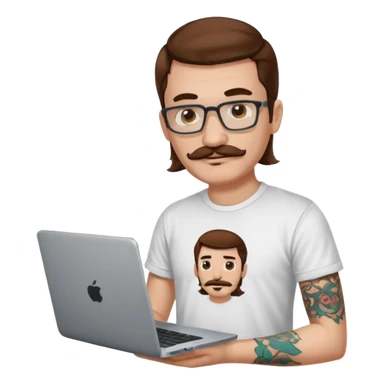 A DEVELOPER WITH A laptop, USING t-shirt, long hair, mustache, tattoo, piercing sticker