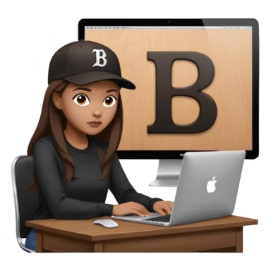 A professional 3D avatar of a young woman with light brown skin and long, dark brown hair, wearing a dark, long-sleeved shirt and a black baseball cap with a prominent white 'B' logo. She's sitting at a sleek wooden desk, typing on a silver MacBook. sticker