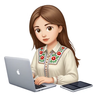 A Ukrainian girl with brown hair in an embroidered shirt works at her laptop sticker