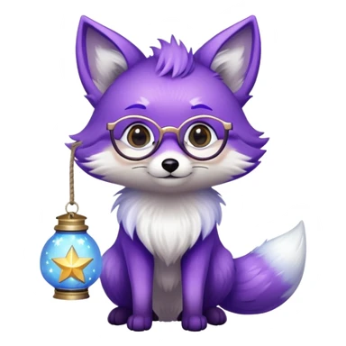 a small magical fox with shimmering purple and blue fur, a glowing fluffy tail, a silver star on its forehead, round glasses, and a tiny lantern. 😂 sticker