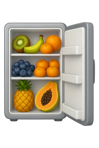 emoji stile iphone di un frigo aperto con dentro ben visibili questi alimenti: Kiwi
Banana acerba
Arance e mandarini
Mirtilli
Ananas
Papaya
IPERREALISTICO 4K sticker
