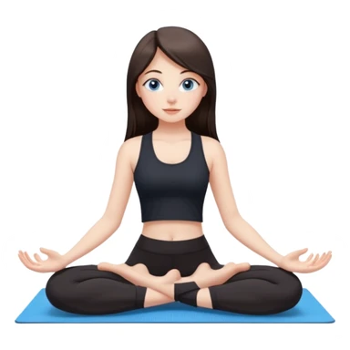 A girl with fair skin and a caring blush. Her eyes are big, expressive, blue. Her hair is long, straight, dark brown. She is dressed in a black top and leggings. She is doing yoga on a beige mat. sticker