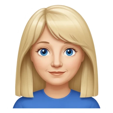 50 yr old white woman, curtain bangs, very long straight blond hair, oval face, small smile, blue eyes, slightly chubby face sticker