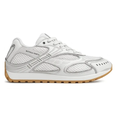 Recreate the Bottega Veneta Orbit sneaker in white with silver accents, keeping the exact design and details, side view, clean background, in a realistic and detailed style. sticker