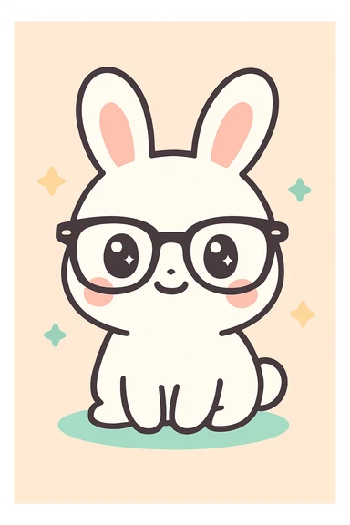 conejo blanco con gafas RayBan clásicas, estilo kawaii sticker