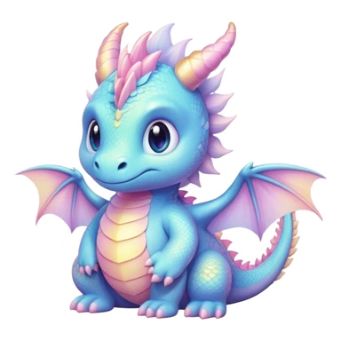 Cinematic fluffy pastel dragon, tiny round wings, chubby feet, sparkling gentle eyes, delicate glowing scales, soft colors blending magically, enchanting and whimsical. sticker