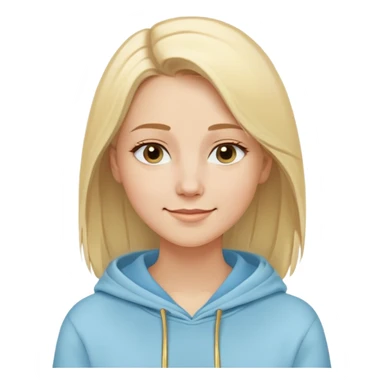 Caucasian woman, oval face, straight light blonde hair with side part, serene smile, dreamy expression, light blue hoodie with gold and white details sticker