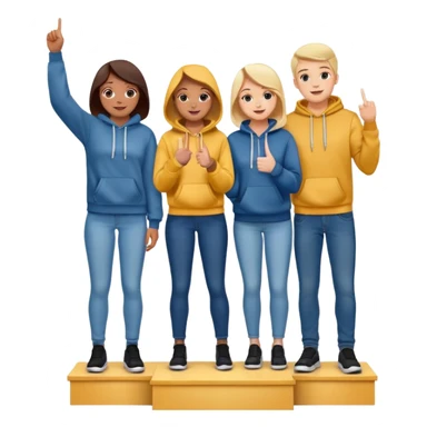 three people in jeans and hoodies on a winners podium with no label, middle step higher, center person holds up one finger on each hand, bright cheerful expressive emoji illustration sticker