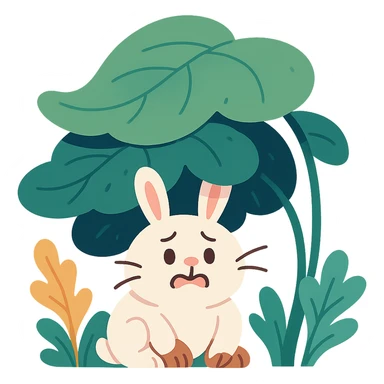 a bunny hiding under giant forest leaves, whimsical feel, pastel toon style sticker