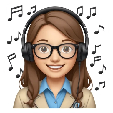 Cheerful female teacher with headphones, microphone, and music notes around. Long brown hair, glasses, smiling, fun and friendly vibe. sticker