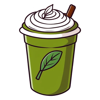 matcha latte with leaf detail, warm olive-brown tones, soft dreamy illustration sticker