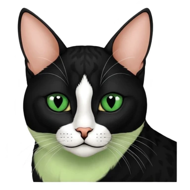 Haz una gata de ojos verdes la cara blanca con mancha negra en las orejas que agarra parte de la frente del lado der pero del iz va desde el ojo hasta la oreja la mancha, tiene la nariz negra en forma de corazón y todo lo que sobra de la cara, barbilla la nariz arriba y el lado de bigotes es blanca sticker